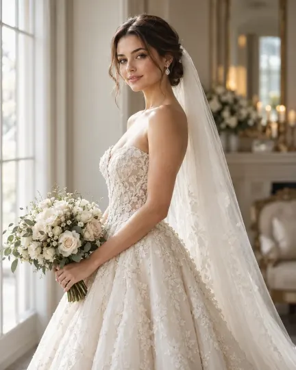 Editorial Bridal Portrait in Soft Window Light AI prompt example for Wedding