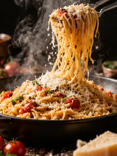 Steaming Pasta Motion Editorial AI prompt example for AI