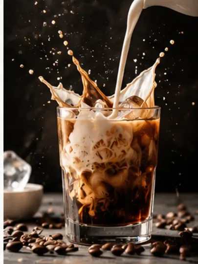 Iced Coffee Pour Action Shot AI prompt example for AI
