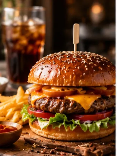Cinematic Gourmet Burger Hero AI prompt example for AI