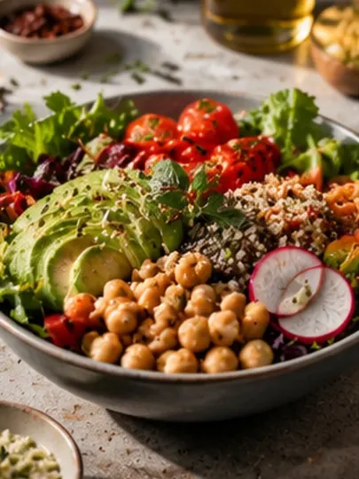 Colorful Healthy Bowl Flat Lay AI prompt example for AI