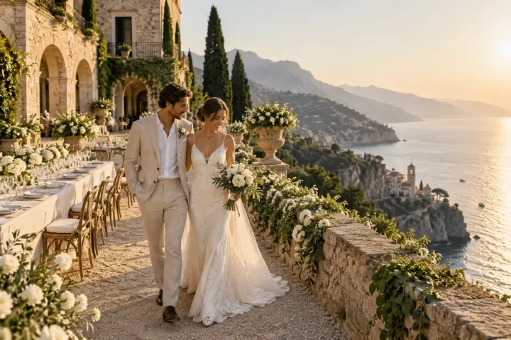 Luxury Destination Wedding at a Mediterranean Villa AI prompt example for AI