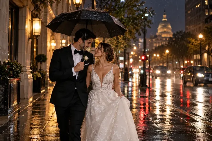 Rainy City Wedding at Night AI prompt example for AI