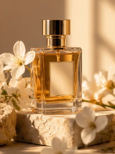 Golden Hour Perfume Still Life AI prompt example for AI