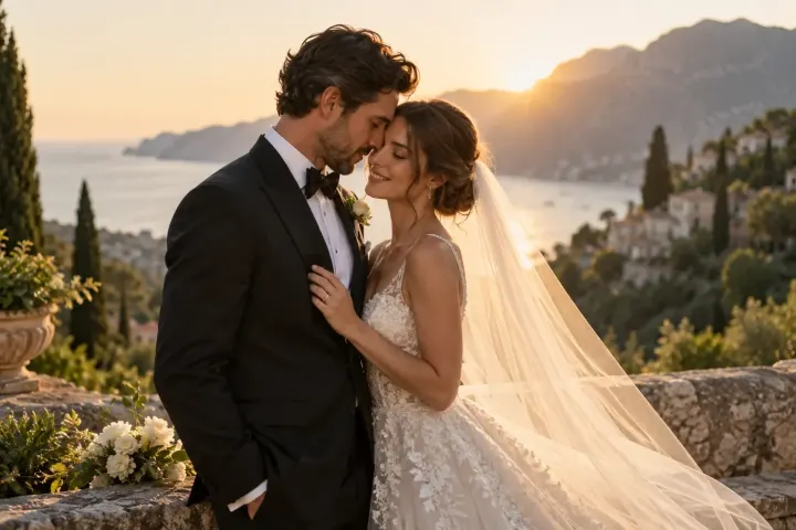 Cinematic Golden Hour Wedding Couple AI prompt example for AI