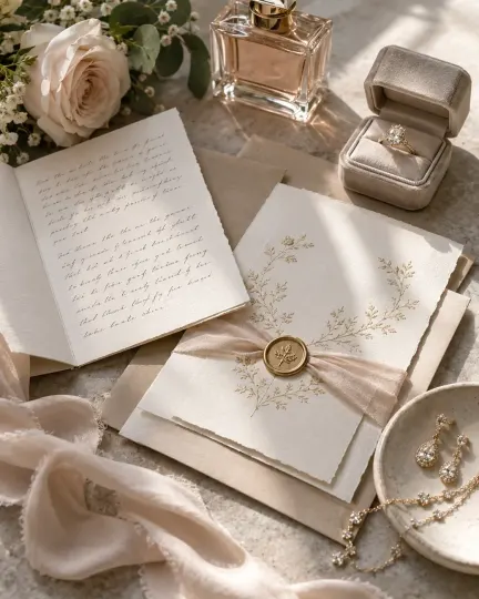 Elegant Wedding Detail Flat Lay AI prompt example for AI