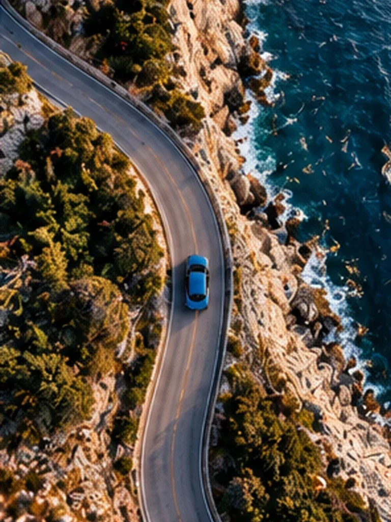 Aerial Coastal Road Automotive Story AI prompt example for Automotive