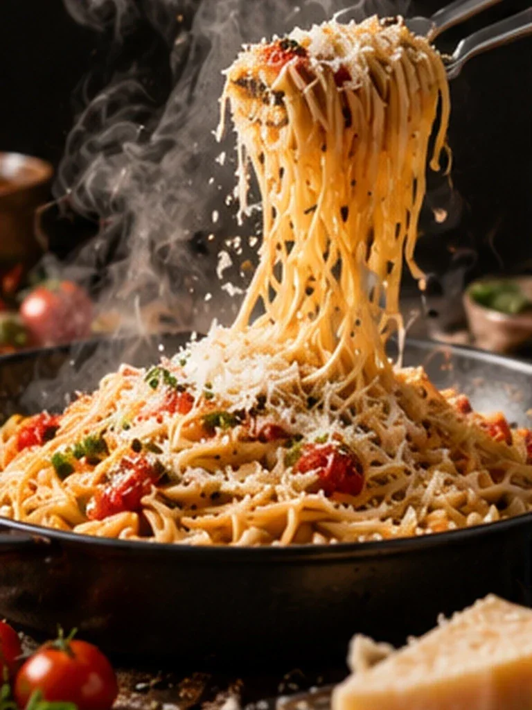 Steaming Pasta Motion Editorial AI prompt example for Food