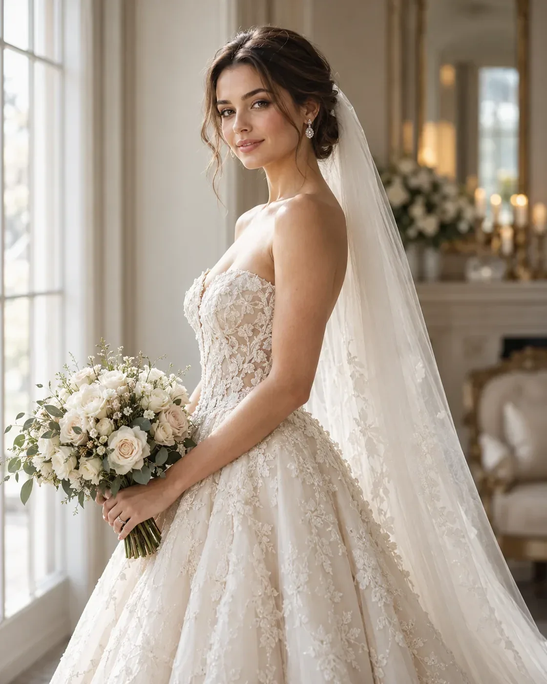Portrait éditorial de mariée en douce lumière de fenêtre AI prompt example for Wedding
